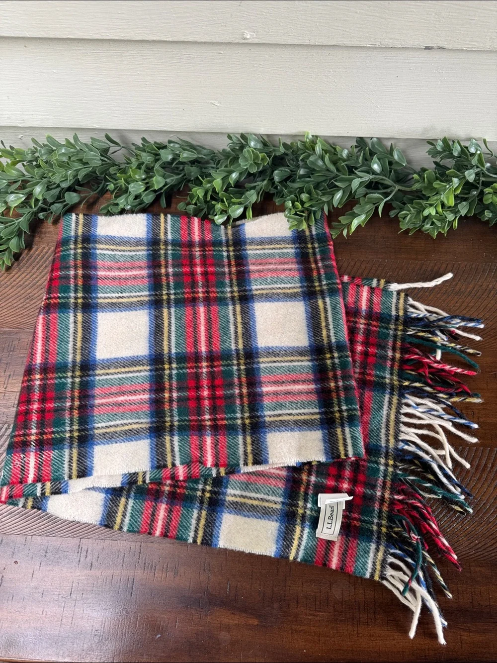 L.L. Bean Cream Red Blue Tartan Scarf